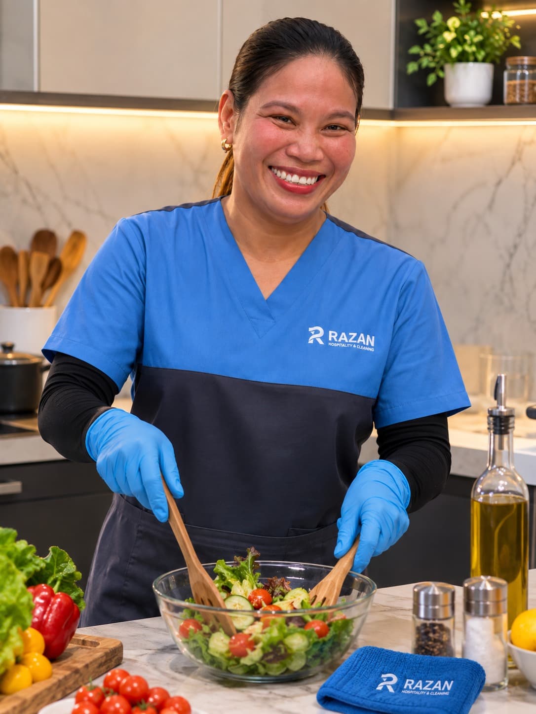 Razan private cook preparing a fresh salad in a home kitchen